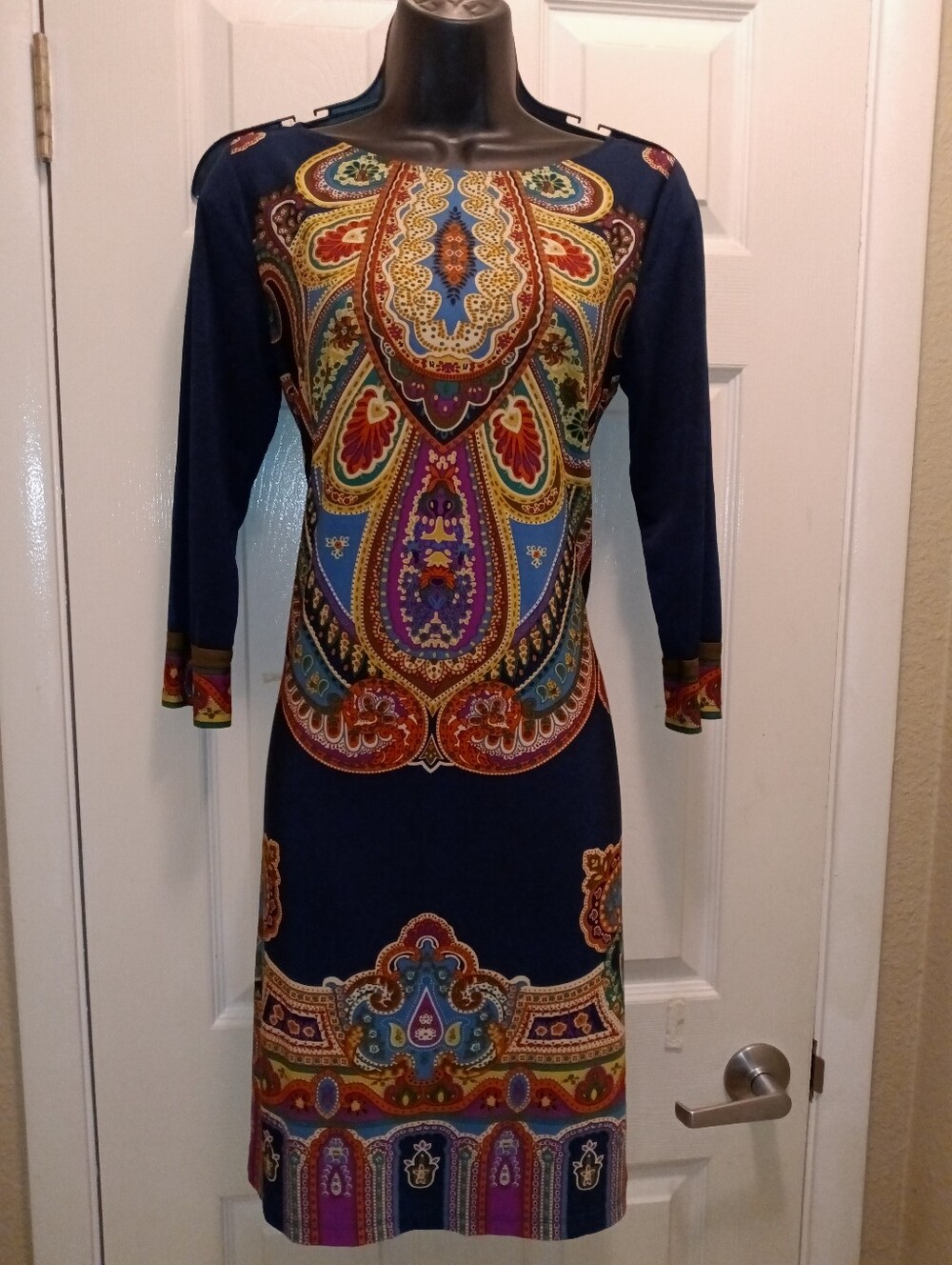 London Times Women's Navy Paisley Print Long-Sleeve Tunoc Dress Sz 8